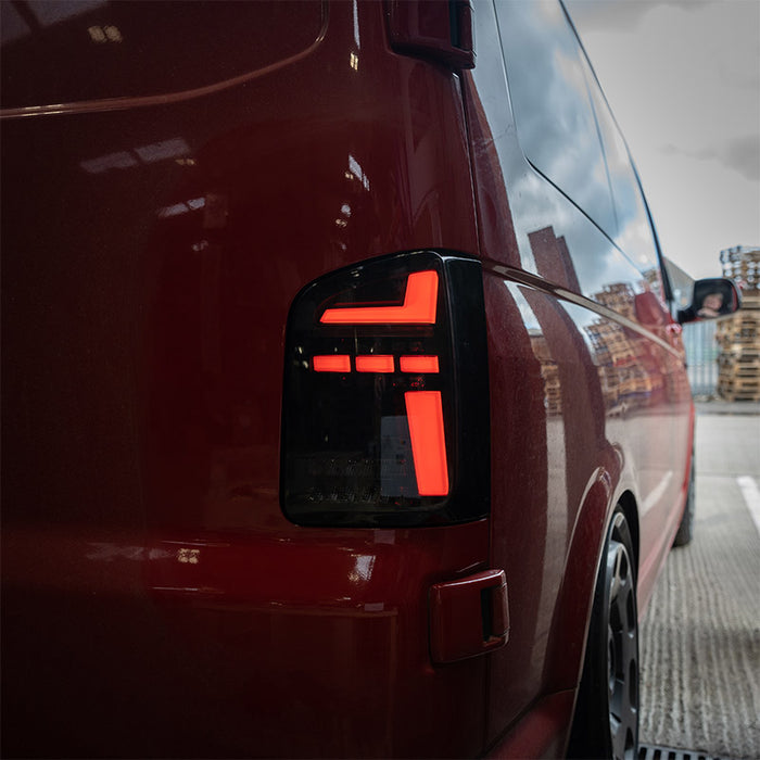 VW T6.1 – Rear Lights – Sequential Indicator – LED – RHD – Barn Door – Black Smoke