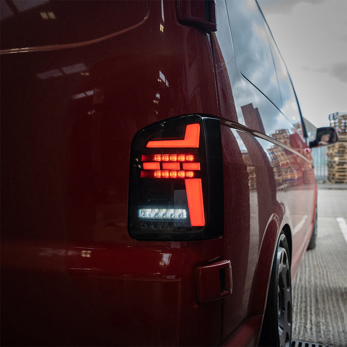 VW T6.1 – Rear Lights – Sequential Indicator – LED – RHD – Barn Door – Black Smoke