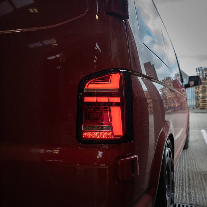 VW T6.1 – Rear Lights – Sequential Indicator – LED – RHD – Barn Door – Red Clear