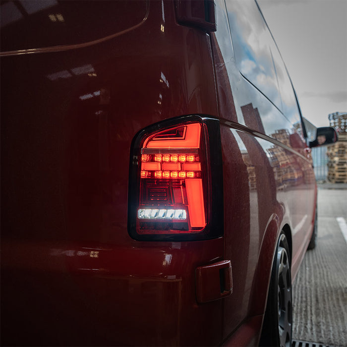 VW T6.1 – Rear Lights – Sequential Indicator – LED – RHD – Barn Door – Red Clear