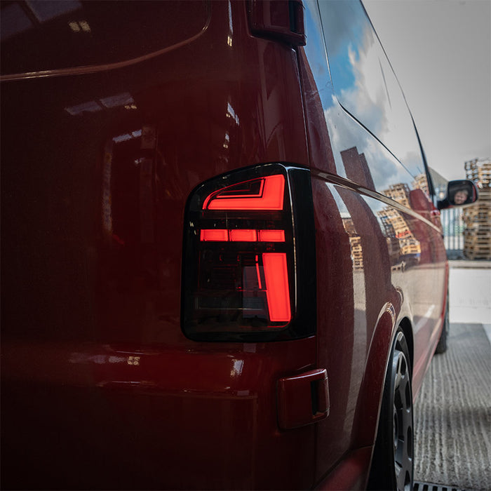 VW T6.1 – Rear Lights – Sequential Indicator – LED – RHD – Barn Door – Red Smoke