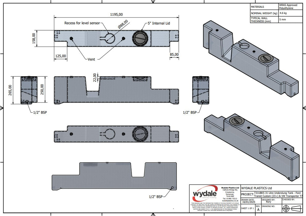 31L Water Tank For VW T7 Transporter / Ford Transit Custom V710