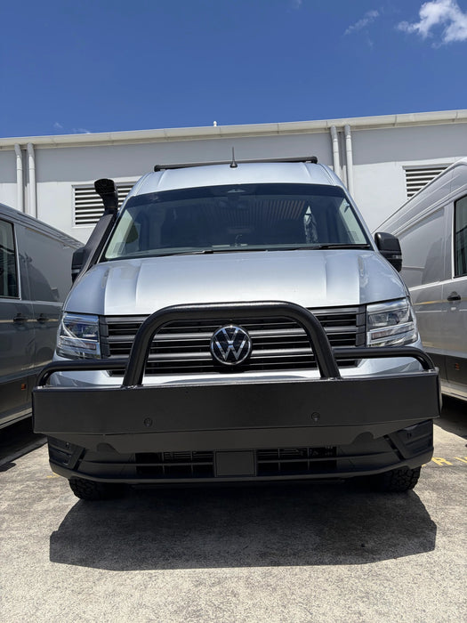 Black bullbar fitted to VW Crafter 2024+, front view