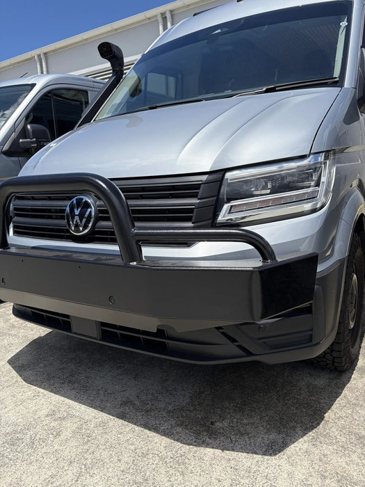 Black bullbar on VW Crafter 2024+, close up of the hoop and side loop