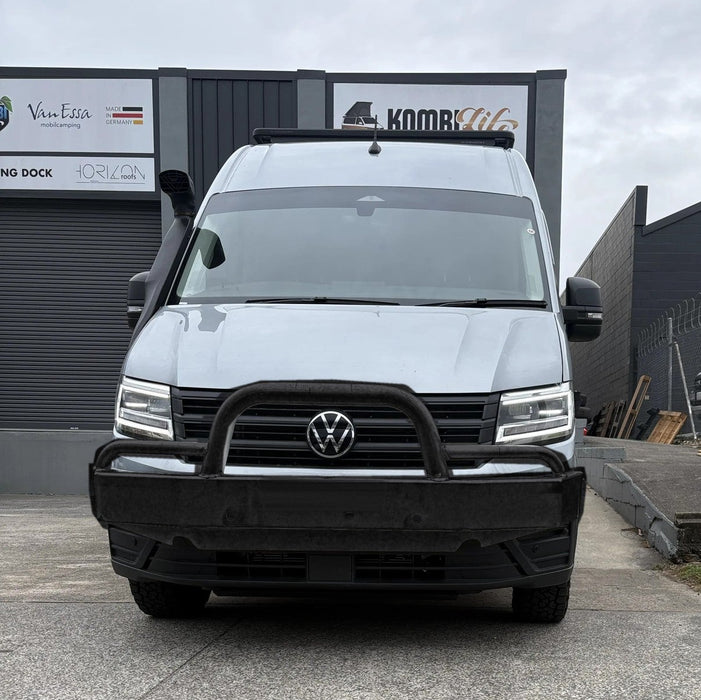 Black ripple bullbar fitted to VW Crafter, front view