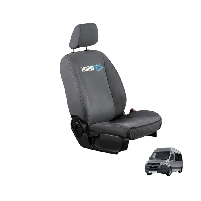 Gray car seat cover with 'Kombi' branding on a white background, featuring a small van illustration.