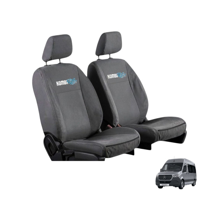 Gray car seat covers with Kombi logo on a white background, featuring a small model of a Mercedes-Benz van.