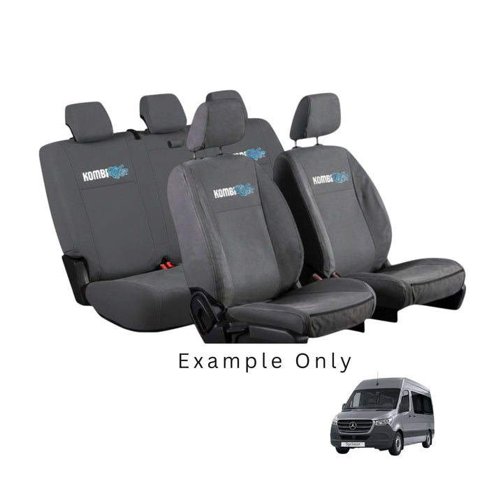 Gray car seat covers with 'Kombi' branding on a white background, example only text displayed.