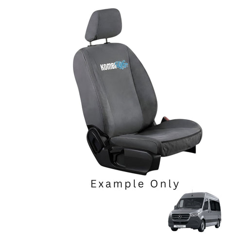 Gray car seat cover with Kombi logo on a white background, example only text below.