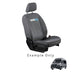 Gray car seat cover with Kombi logo on a white background, example only text below.