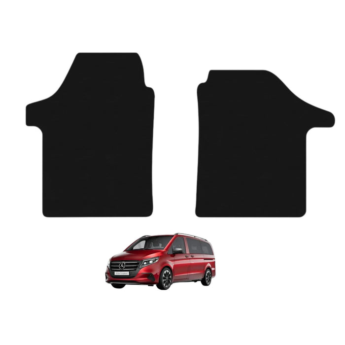 Two black car floor mats with a red Mercedes-Benz van in the background.