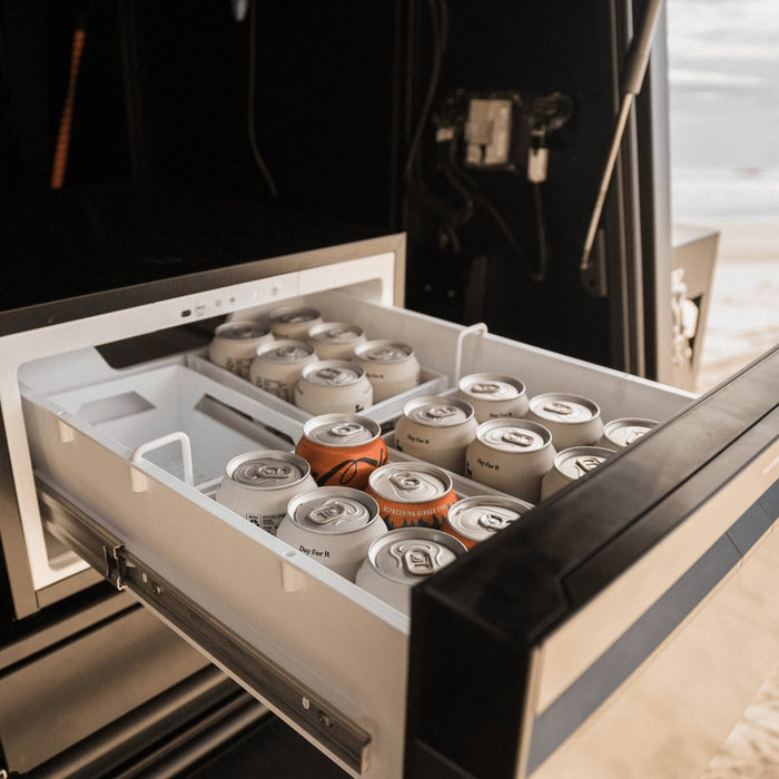 Dometic NRXD 30C drawer fridge open with drinks and dividers