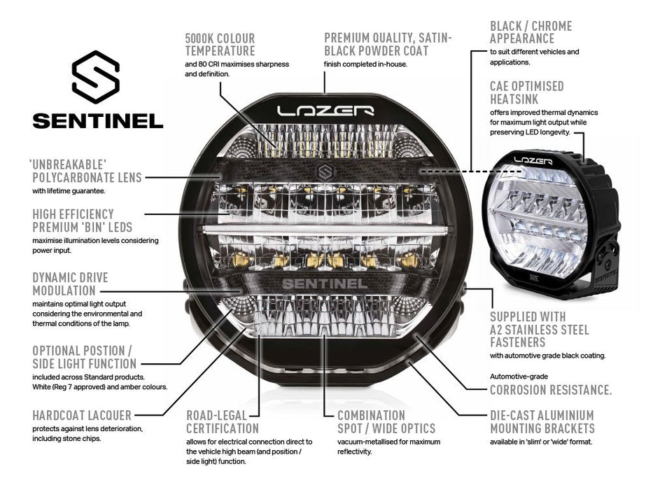 Lazer Sentinel 7" Elite - Round Spotlights - High Performance - PAIR