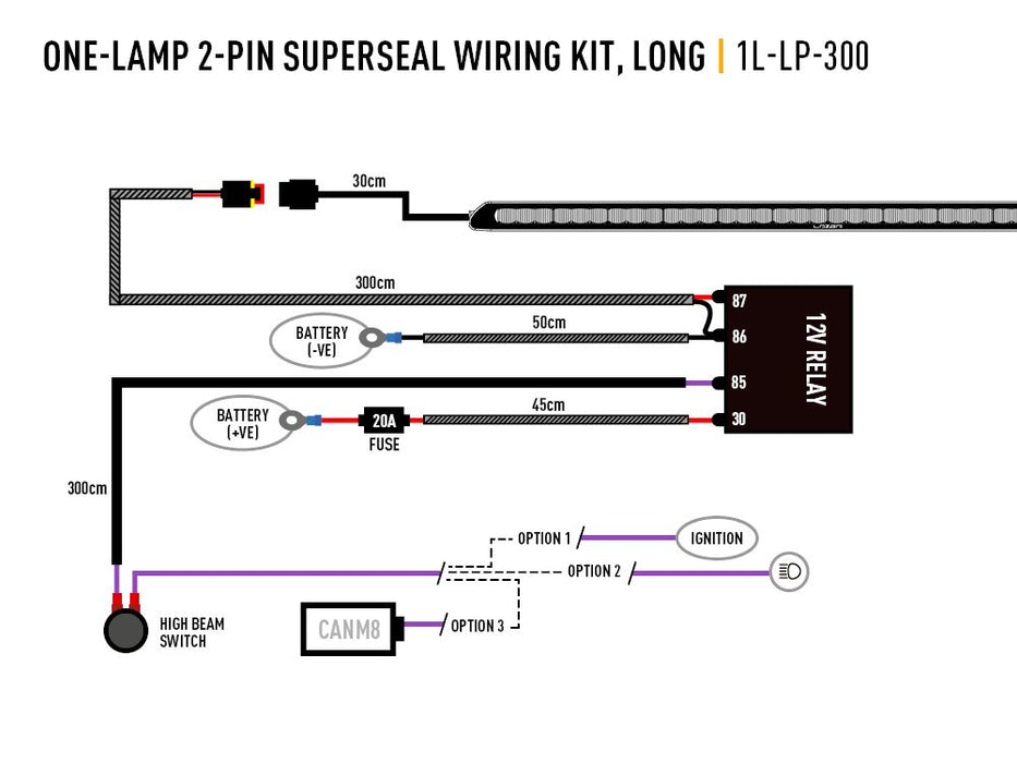 Lazer Single-Lamp Harness Kit – Long (2-Pin, Superseal, 12V)