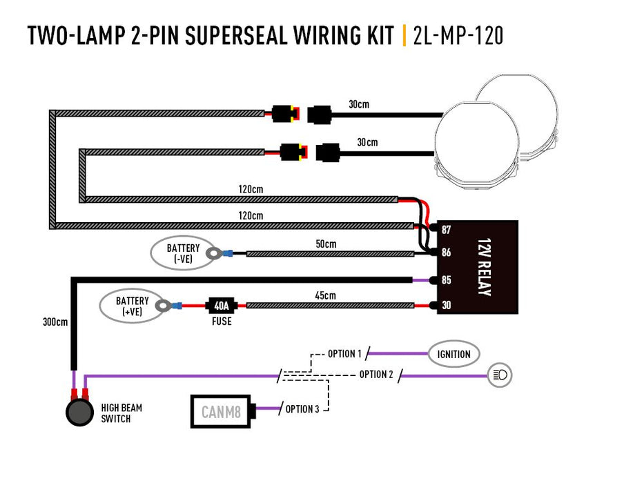 Lazer Two-Lamp Wiring Kit – Mid Power (2-Pin, Superseal, 12V)