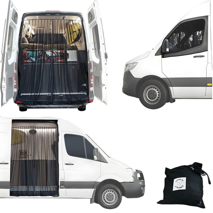 Living in a Bubble Universal Front / Side / Rear Van Fly Screen Bundle - Large Size with Double Fixation Point Wing Mirror - Black