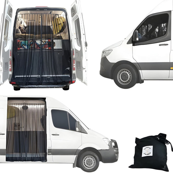 Living in a Bubble Universal Front / Side / Rear Van Fly Screen Bundle - Large Size with Single Fixation Wing Mirror - Black