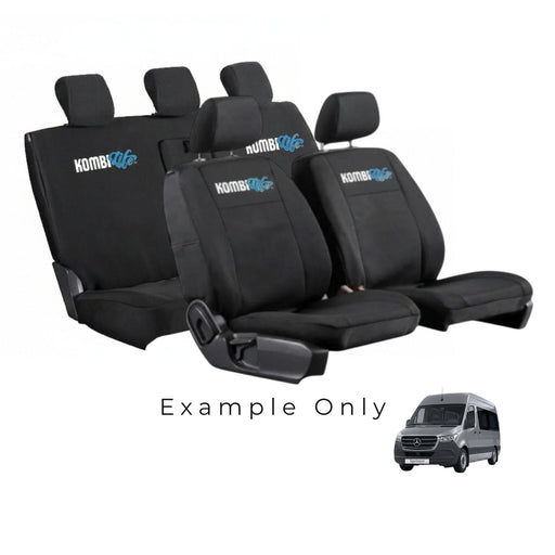 Black car seat covers with 'KombiLife' branding on a white background, with a small van image at the bottom.