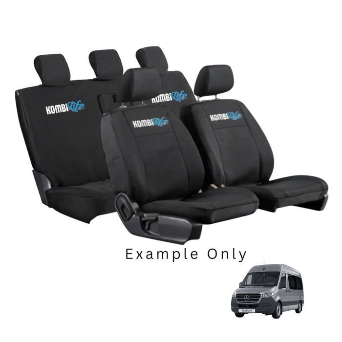 Black car seat covers with KombiLife logo on a white background, example only text displayed.