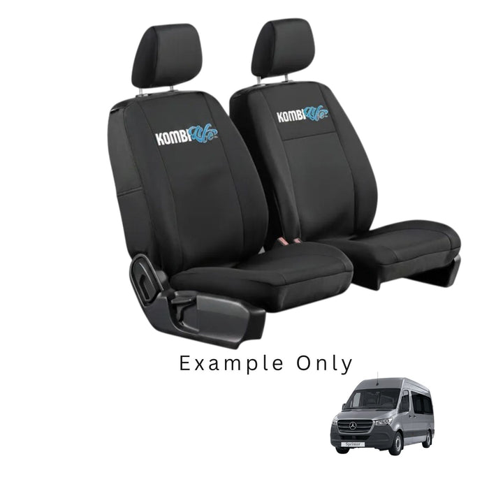 Black car seat covers with KombiLife logo on a white background, example only text displayed.
