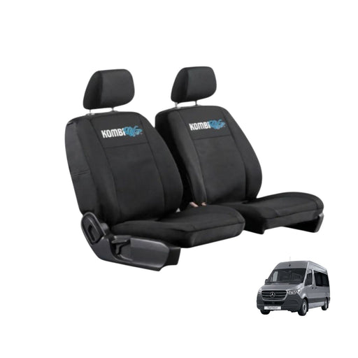 Black car seat covers with Kombi logo on a white background, featuring a small van illustration.