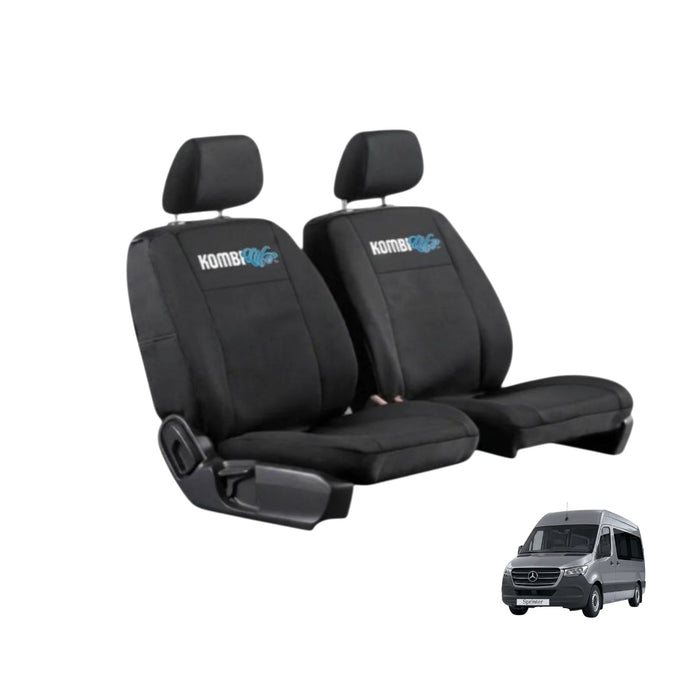 Black car seat covers with Kombi logo on a white background, featuring a small van illustration.
