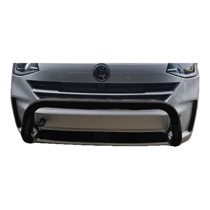 Black nudge bar fitted to VW T7 Transporter, close front view