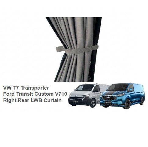 Right Rear Side Window Camper Curtain- LWB - Block Out Style - Grey/Black Curtain Grey Rail - VW T7 Transporter / Ford Transit Custom V710