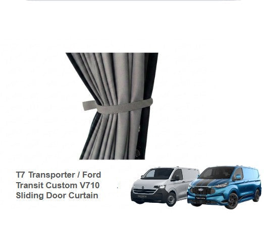 Sliding Door Camper Curtain - Block Out Style - Grey/Black Curtain Grey Rail - VW T7 Transporter / Ford Transit Custom V710