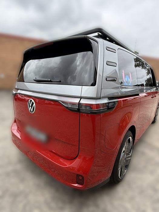 X-Country Summit roof platform kit fitted to a VW ID Buzz LWB, rear quarter view
