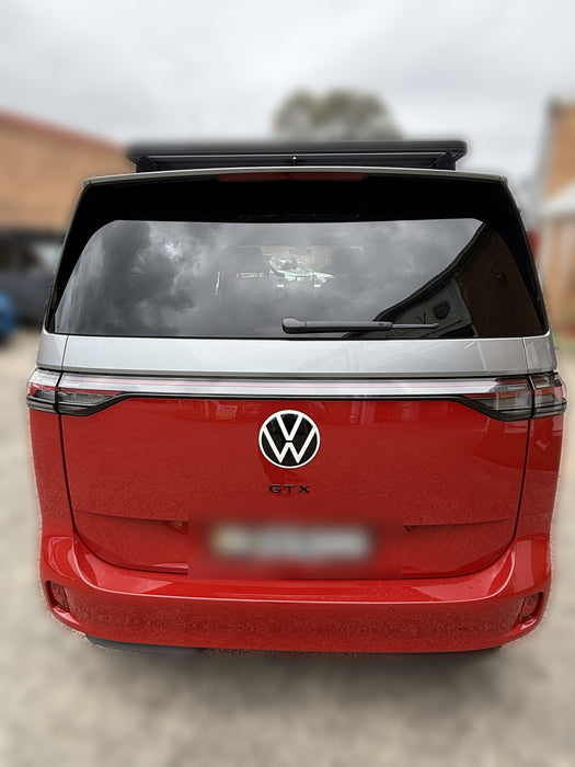 X-Country Summit roof platform on VW ID Buzz, straight rear view showing platform overhang