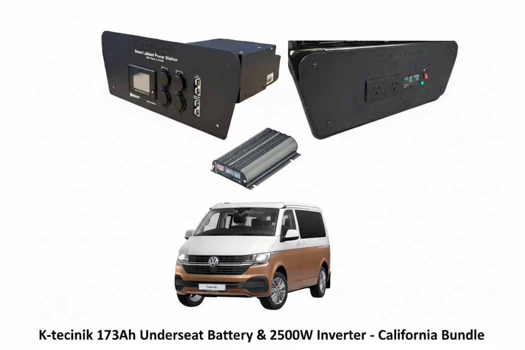 T6.1 California K-technik 12v 173ah LifePO4 Smart Lithium under-seat Power station & 2500w 12V/240V Underseat Inverter Bundle - includes Redarc 40A Core DC-DC Charger