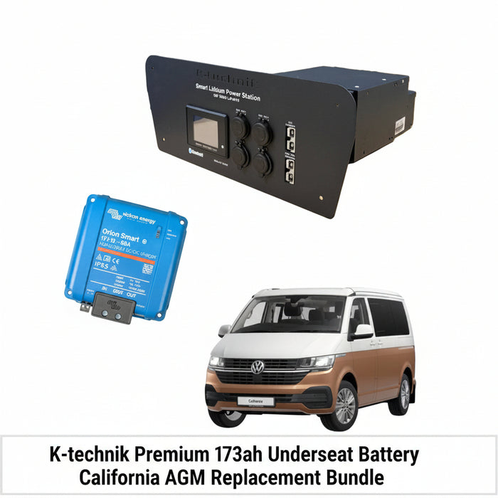 Premium T6.1 California K-technik 12v 173ah LifePO4 Smart Lithium under-seat Power station to replace AGM Bundle - includes Orion XS 50A DC-DC Charger