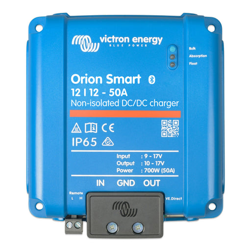 A blue Orion Smart DC-DC charger by Victron Energy with various ports and indicators.