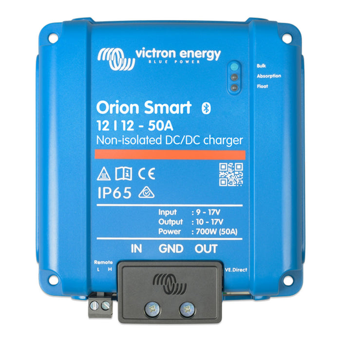 A blue Orion Smart DC-DC charger by Victron Energy with various ports and indicators.