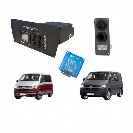 A collage showing automotive power-related products: a black smart power system box, a black outlet cover, a blue controller module, and two Volkswagen vans used as application examples, on a white background with a presentation slide interface visible.