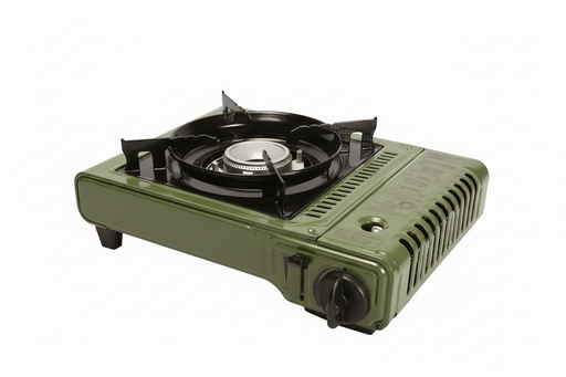 Green portable gas stove on a white background
