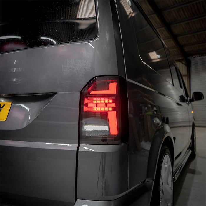 VW T6 – Rear Lights – Sequential Indicator – LED – Tailgate – Black Smoke (T6.1 Style)