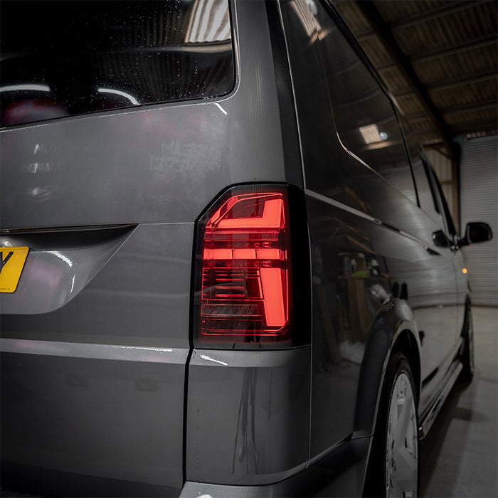 VW T6 – Rear Lights – Sequential Indicator – LED – Tailgate – Red Smoke (T6.1 Style)