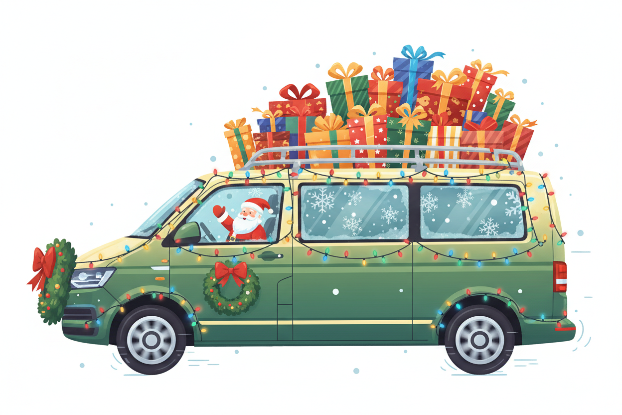 vw t6 kombi christmas decoration delivering gifts driving along a road no backgroud annimated