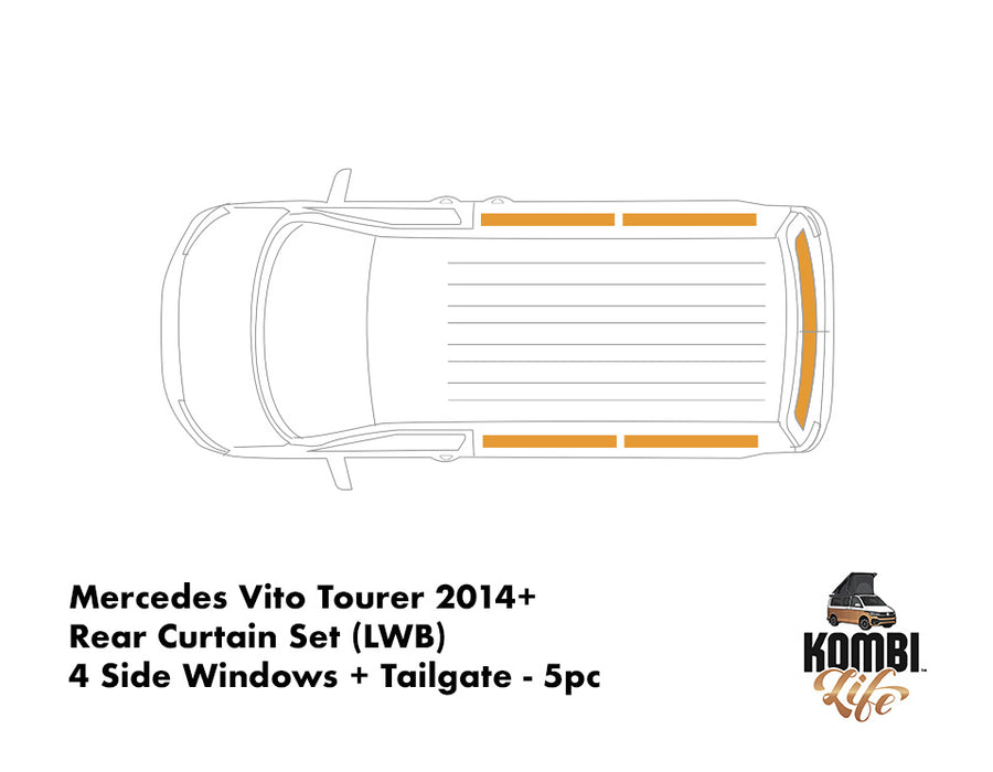 Mercedes Vito Tourer 2014+ Rear Curtain Set (LWB) - 4 Side Windows + Tailgate - 5pc